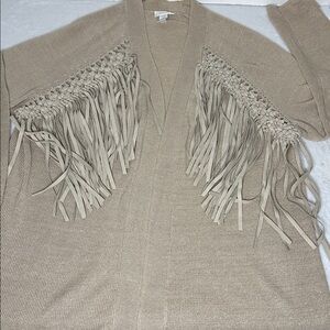 Chico’s Open Cardigan with Fringe Detail Tan Sweater Large